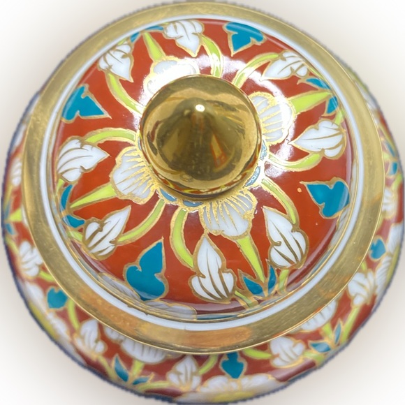 Ginger Jar & Lid Vintage Cloisonné Style Red Gold Painted Floral Gilt Trinket - Picture 2 of 9